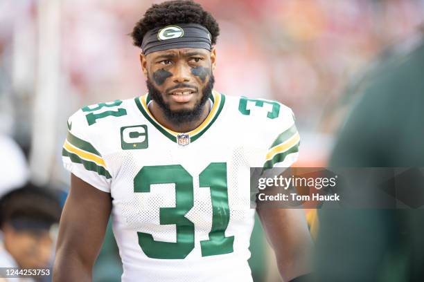 Green Bay Packers strong safety Adrian Amos walks on the field during an NFL game against theSan Francisco 49ers in Santa Clara, Calif., Sunday,...