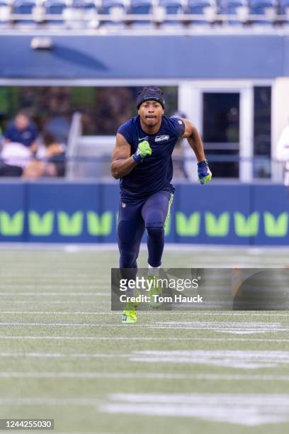 Seattle Seahawks wide receiver Tyler Lockett runs routes before an NFL preseason football game between the Seattle Seahawks and the Los Angeles...
