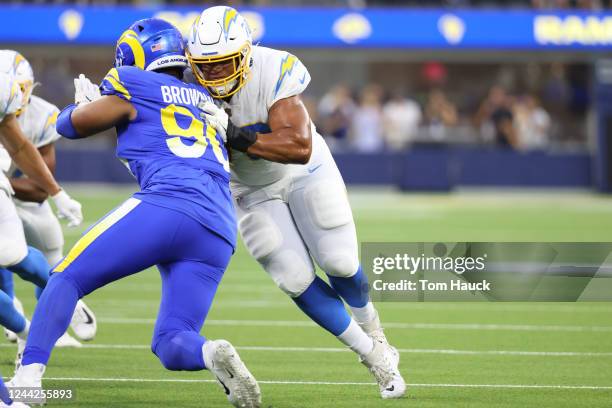 Los Angeles Chargers offensive tackle Rashawn Slater during a preseason NFL football game between the Los Angeles Chargers and the Los Angeles Rams,...