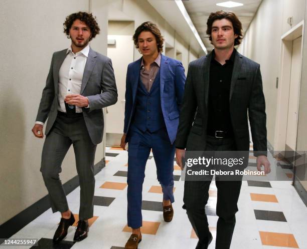 Mason McTavish of the Anaheim Ducks, Trevor Zegras and Jamie Drysdale walks into the arena prior to the game against the Tampa Bay Lightning at Honda...