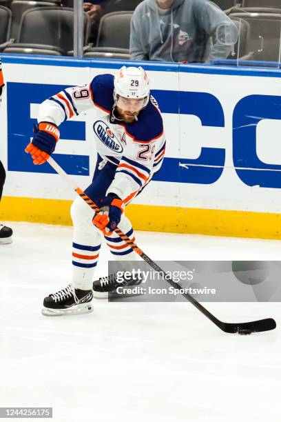 Edmonton Oilers center Leon Draisaitl skates with the puck during the second period of an NHL hockey game between the St. Louis Blues and the...