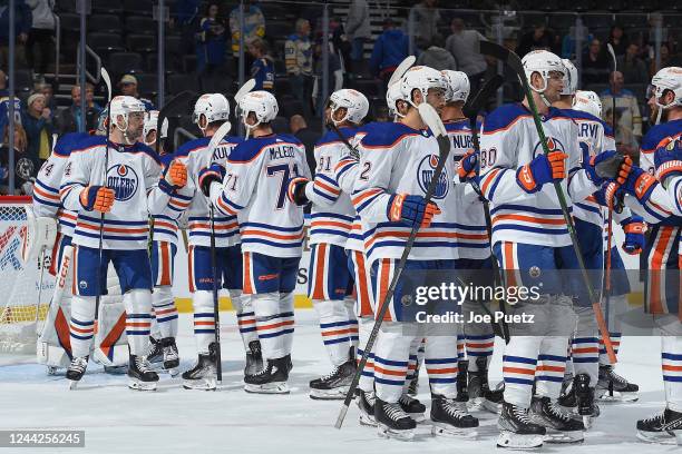 The Edmonton Oilers celebrate their teams victory over the St. Louis Blues at the Enterprise Center on October 26, 2022 in St. Louis, Missouri.