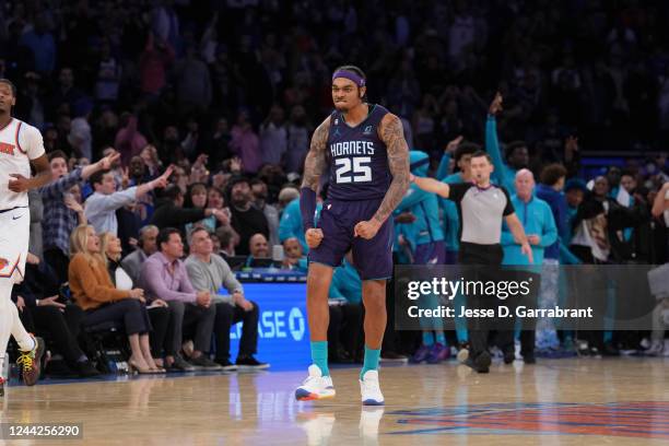 Washington of the Charlotte Hornets reacts to a play during the game against the New York Knicks on October 26, 2022 at Madison Square Garden in New...