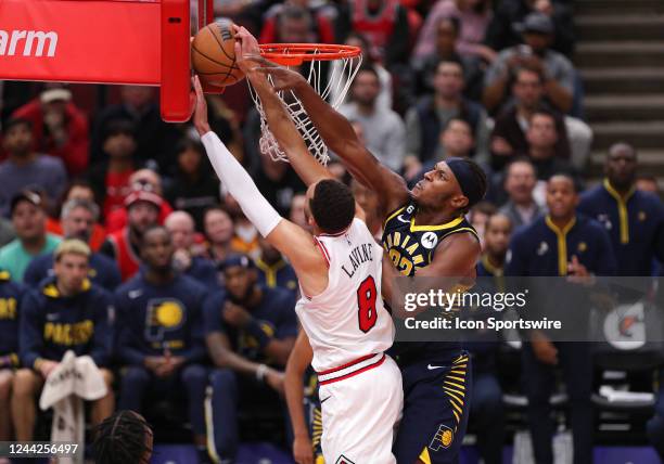 Indiana Pacers center Myles Turner blocks Chicago Bulls guard Zach LaVine lay up during a NBA game between the Indiana Pacers and the Chicago Bulls...