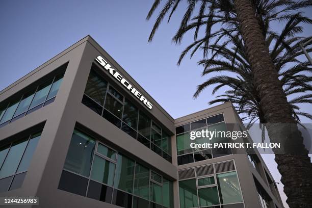 Skechers USA, Inc. Corporate office building is pictured in Manhattan Beach, California on October 26, 2022. - US rapper Kanye West, recently shunned...