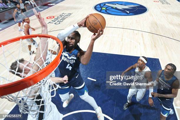 Jaylen Nowell of the Minnesota Timberwolves drives to the basket against the San Antonio Spurs on October 26, 2022 at Target Center in Minneapolis,...