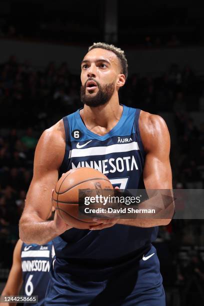 Rudy Gobert of the Minnesota Timberwolves shoot a foul shot against the San Antonio Spurs on October 26, 2022 at Target Center in Minneapolis,...