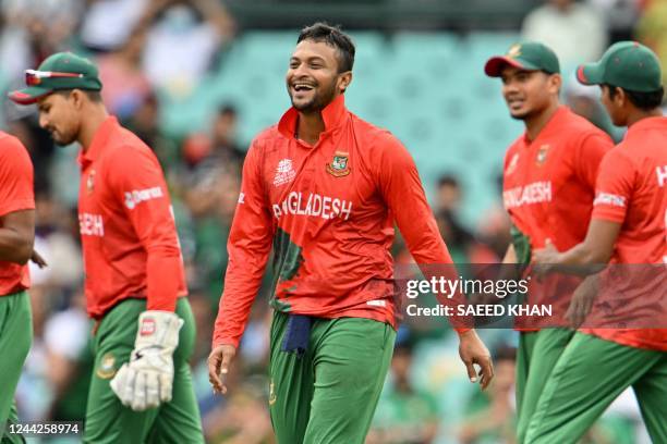 Bangladesh's captain Shakib Al Hasan celebrates the wicket of South Africa's Rilee Rossouw during the ICC men's Twenty20 World Cup 2022 cricket match...