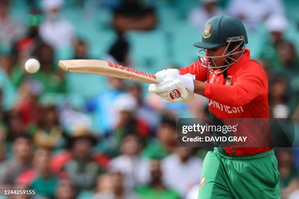 Bangladesh's Soumya Sarkar plays a shot during the ICC men's Twenty20 World Cup 2022 cricket match between South Africa and Bangladesh at the Sydney...