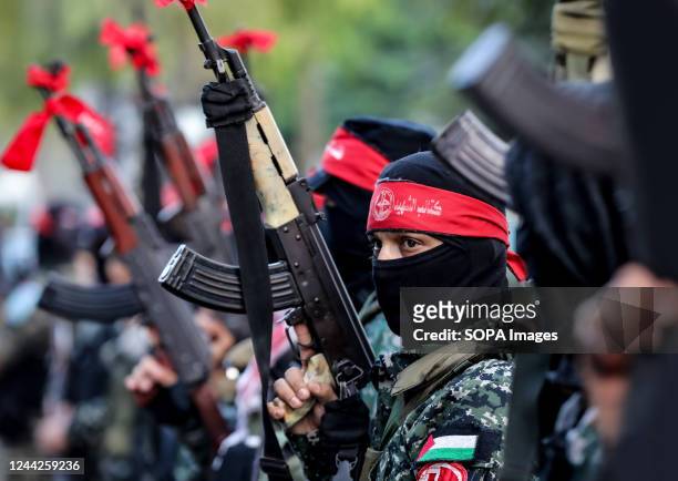 Fighters from the Popular Front for the Liberation of Palestine take part in an anti-Israel military parade in Gaza City.