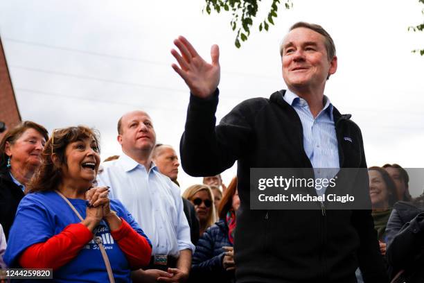 Sen. Michael Bennet speaks to supporters at a rally outside Mountain Toad Brewing on October 26, 2022 in Golden, Colorado. Bennet is campaigning for...