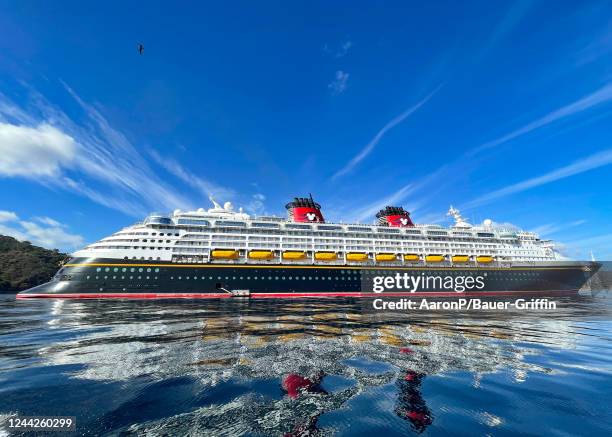 General views of the Disney Wonder cruise ship at Avalon harbor on October 26, 2022 in Avalon, California.