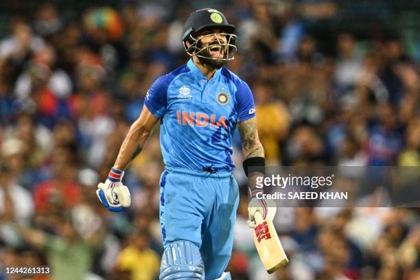 India's Virat Kohli celebrates after reaching a half century during the ICC men's Twenty20 World Cup 2022 cricket match between India and Netherlands...