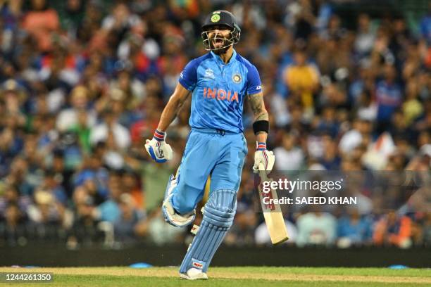 India's Virat Kohli celebrates after reaching a half century during the ICC men's Twenty20 World Cup 2022 cricket match between India and Netherlands...