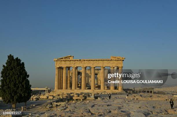 This photograph taken on October 27 shows the Parthenon Temple as German Chancellor Olaf Scholz visits the Acropolis in Athens on October 27, 2022.