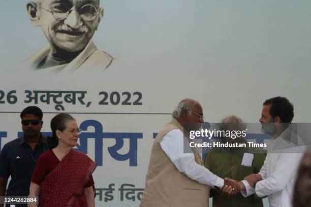 Congress President Mallikarjun Kharge at Party President certification programme, along with Congress leader and former President Sonia Gandhi and...