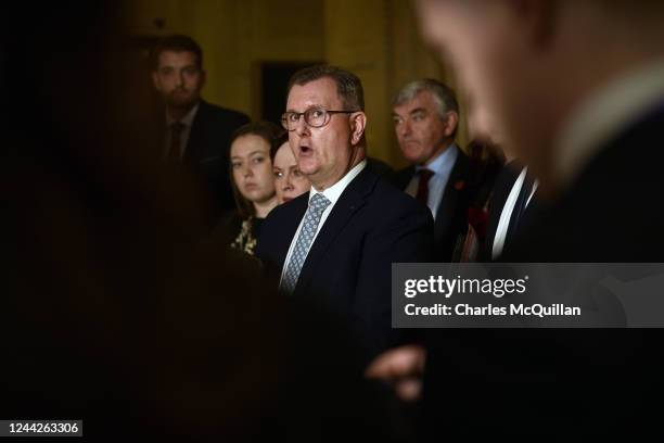 Leader Sir Jeffrey Donaldson speaks to the media alongside party members at Stormont on October 27, 2022 in Belfast, Northern Ireland. The main...