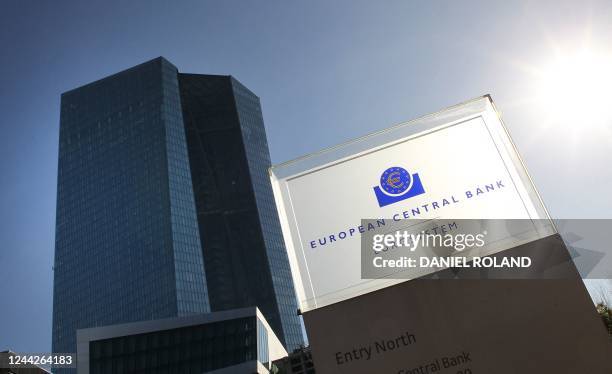 The logo and the headquarters building of the European Central Bank are pictured ahead of a press conference on the eurozone monetary policy in...