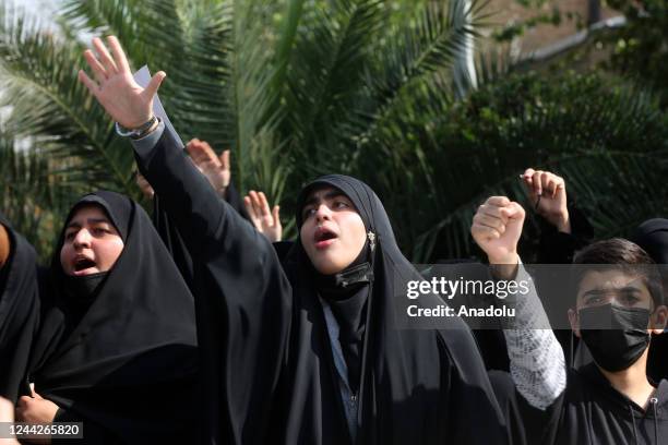 Pro-regime protesters, mostly students, gather outside the British Embassy to stage a demonstration condemning "the United Kingdom's support of...