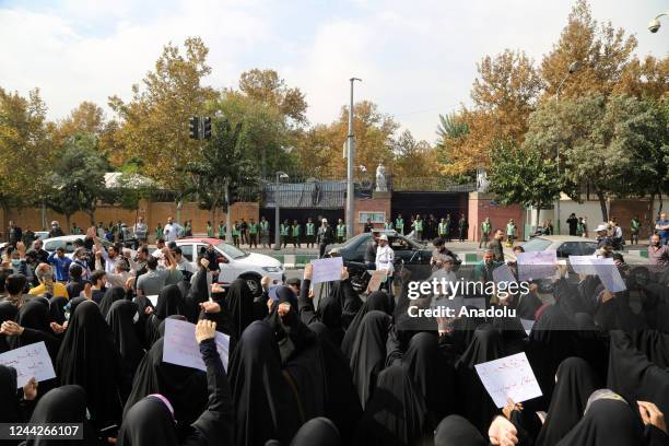 Pro-regime protesters, mostly students, gather outside the British Embassy to stage a demonstration condemning "the United Kingdom's support of...