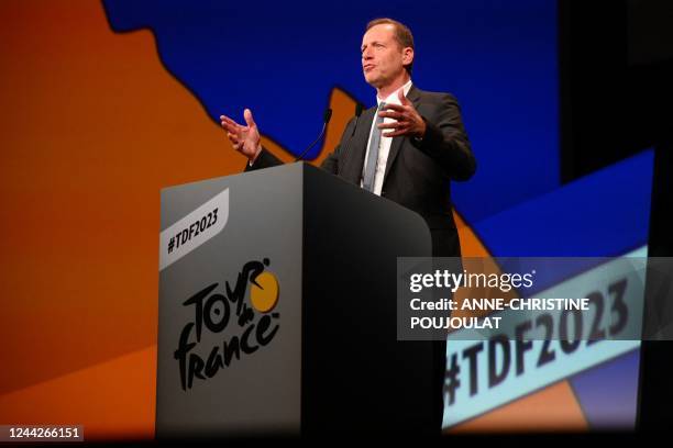 Tour de France General Director Christian Prudhomme speaks during the official presentation of the route of the men's 2023 Tour de France cycling...