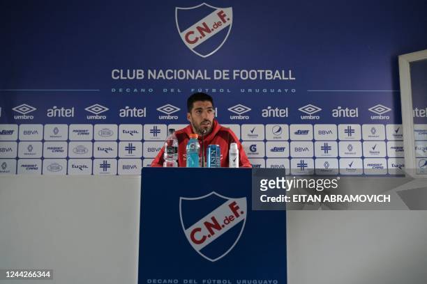 Uruguayan football star Luis Suarez speaks during a press conference at Nacional's Ciudad Deportiva Los Cespedes in Montevideo, on October 27, 2022....