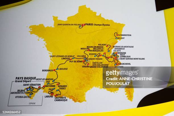 Giant screen displays the map of the men's 2023 Tour de France route during the official presentation of the cycling race, in Paris, on October 27,...