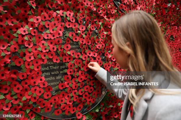 Person looks at a wall made of 10,000 remembrance poppies, displayed in Hay's Galleria following the launch of the Royal British Legion's Poppy...