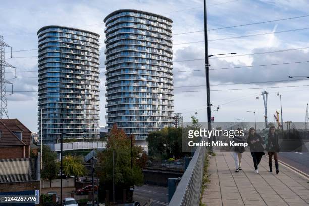 New high rise apartment block buildings at Canning Town near to an old industrial estate on 17th October 2022 in London, United Kingdom. Housing in...