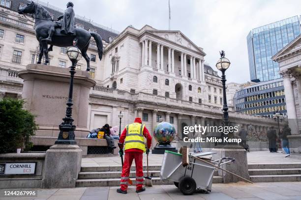 Street sweeper goes about his work near the Bank of England in the City of London on 12th October 2022 in London, United Kingdom. Turmoil in...