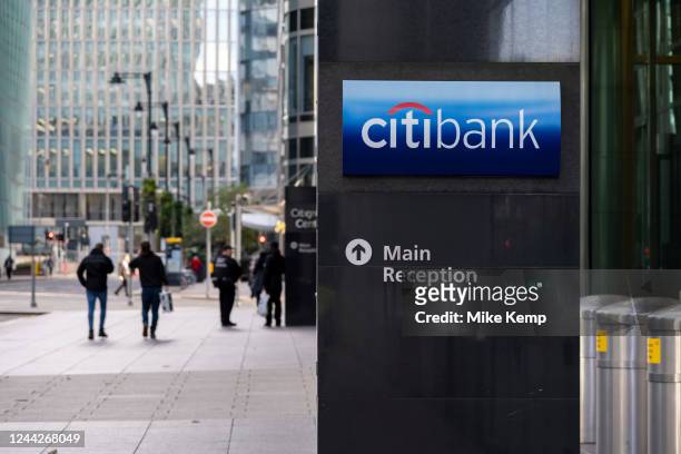 Citibank building in Canada Square, at the heart of Canary Wharf financial district on 14th October 2022 in London, United Kingdom. Canary Wharf is...