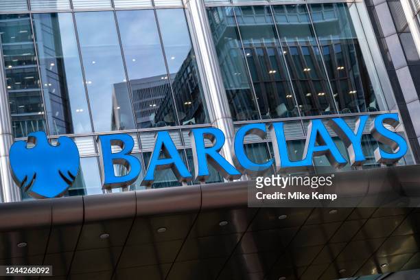 Sign for the brand and high street bank Barclays outside their Barclays Corporate Banking headquarters at Canary Wharf on 17th October 2022 in...