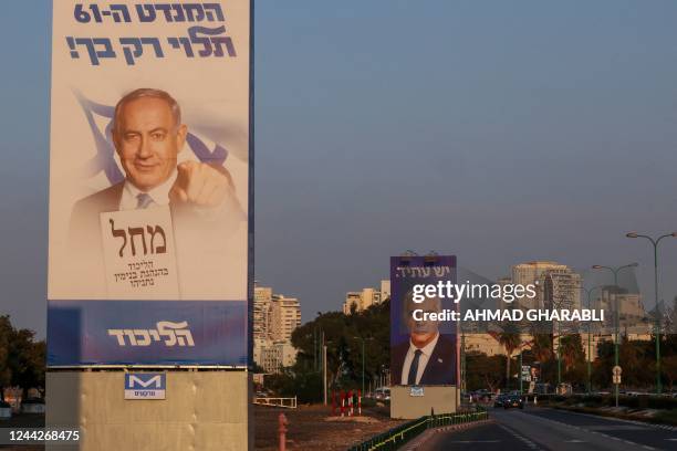 Picture shows a electoral banner for the Likud party depicting its leader former prime minister Benjamin Netanyahu, under a slogan which reads in...