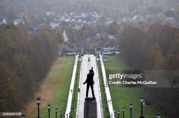 General views of the Edward Carson Statue at Stormont on October 27, 2022 in Belfast, Northern Ireland. The main political parties here have been...