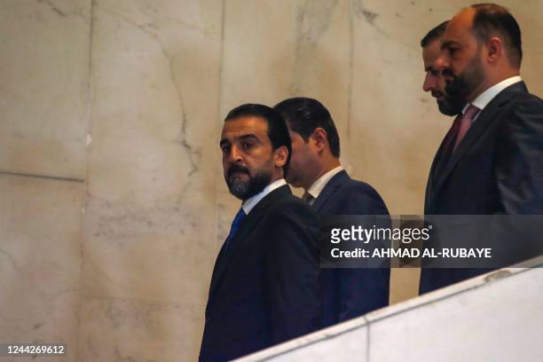 Iraqi Parliament Speaker Muhammad al-Halbousi arrives at the parliament ahead of a confidence vote on a new government, on October 27, 2022. - Prime...