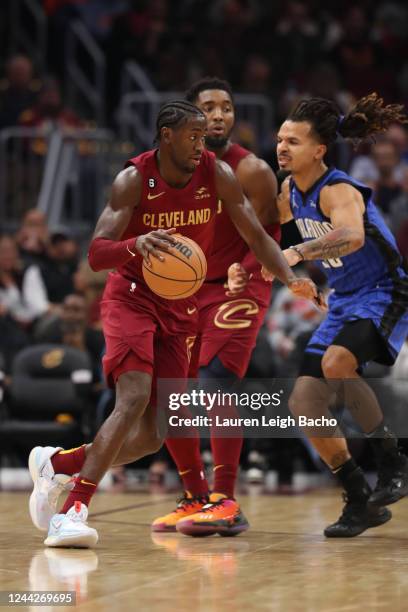 Caris LeVert of the Cleveland Cavaliers moves the ball against the Orlando Magic on October 26, 2022 at Rocket Mortgage Fieldhouse in Cleveland,...