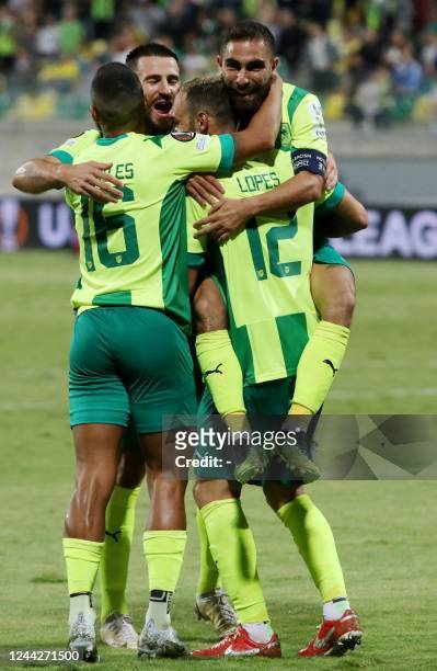 Larnaca's Portuguese forward Rafael Lopes celebrates with teammates after scoring the second goal during the UEFA Europa League group B football...