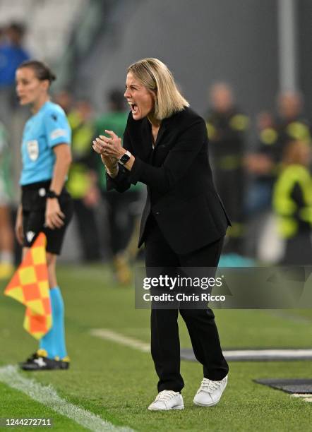 Sonia Bompastor, Head Coach of Olympique Lyonnais issues instructions during the UEFA Women's Champions League group C match between Juventus and...