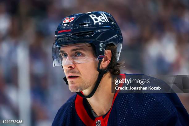 Mark Scheifele of the Winnipeg Jets looks on during a second period stoppage of play against the Toronto Maple Leafs at Canada Life Centre on October...