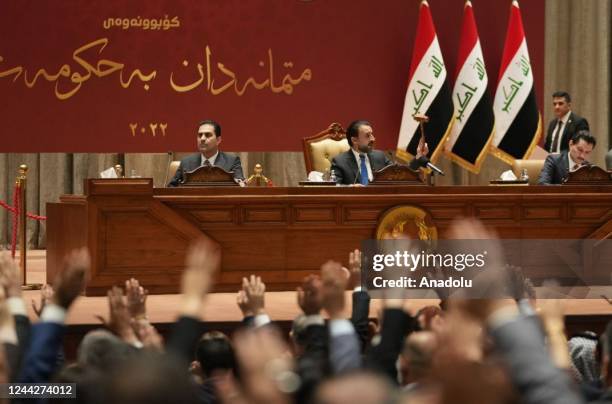 Speaker of the Council of Representatives of Iraq Mohamed Al-Halbousi chairs the session after the new government formed in Iraq after nearly 13...