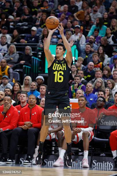 Simone Fontecchio of the Utah Jazz shoots a three point basket against the Houston Rockets on October 26, 2022 at vivint.SmartHome Arena in Salt Lake...