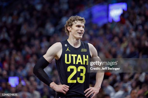 Lauri Markkanen of the Utah Jazz smiles against the Houston Rockets on October 26, 2022 at vivint.SmartHome Arena in Salt Lake City, Utah. NOTE TO...