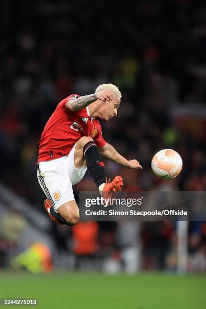 Antony of Manchester United leaps to control the ball during the UEFA Europa League group E match between Manchester United and Sheriff Tiraspol at...