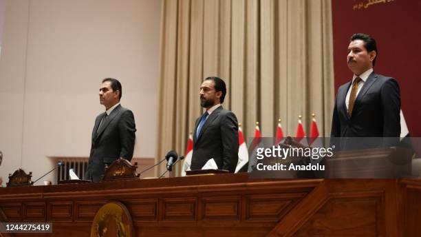 Speaker of the Council of Representatives of Iraq Mohamed Al-Halbousi chairs the parliament session at the parliament building in Baghdad, Iraq on...