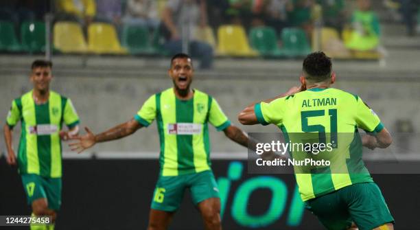 S Omin Altman celebrates after scoring a goal against Dynamo Kyiv during the Europa League group B soccer match between AEK and Dynamo Kyiv at AEK...