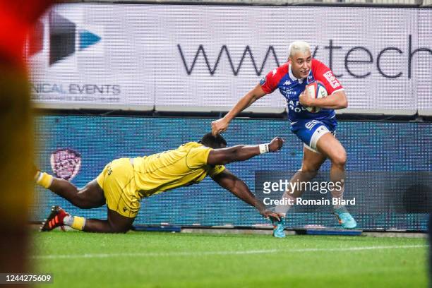 Karim QADIRI of Grenoble try during the Pro D2 match between Grenoble and Nevers at Stade des Alpes on October 27, 2022 in Grenoble, France.