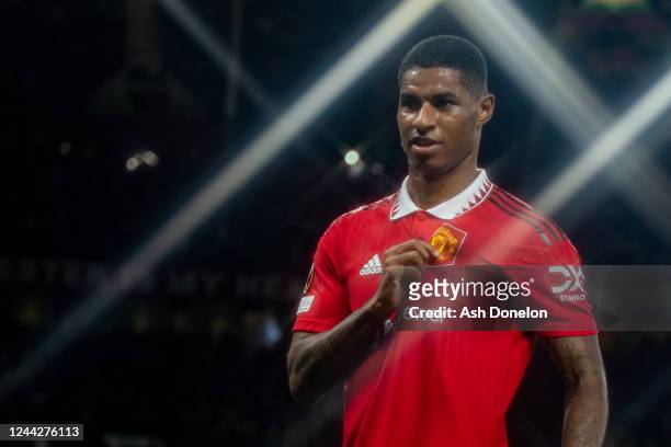 Marcus Rashford of Manchester United celebrates scoring a goal to make the score 2-0 during the UEFA Europa League group E match between Manchester...