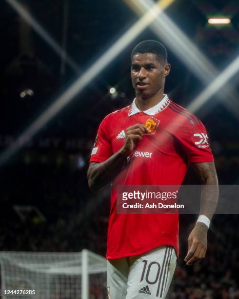 Marcus Rashford of Manchester United celebrates scoring a goal to make the score 2-0 during the UEFA Europa League group E match between Manchester...