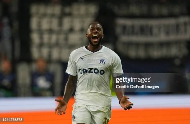 Nuno Tavares of Olympique Marseille looks on during the UEFA Champions League group D match between Eintracht Frankfurt and Olympique Marseille at...