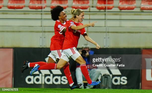 Cloe Lacasse of SL Benfica celebrates with teammate Valeria Cantuario of SL Benfica after scoring a goal during the UEFA Women's Champions League...